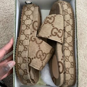 Gucci Tan and Brown GG Pattern Slides